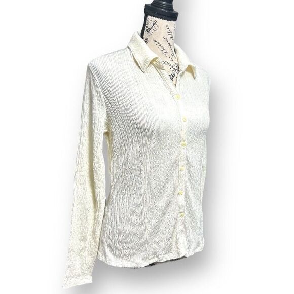 J. Jill S Ivory Stretch Button-Up Blouse Textured Long Sleeve Work Top Office - Picture 3 of 9